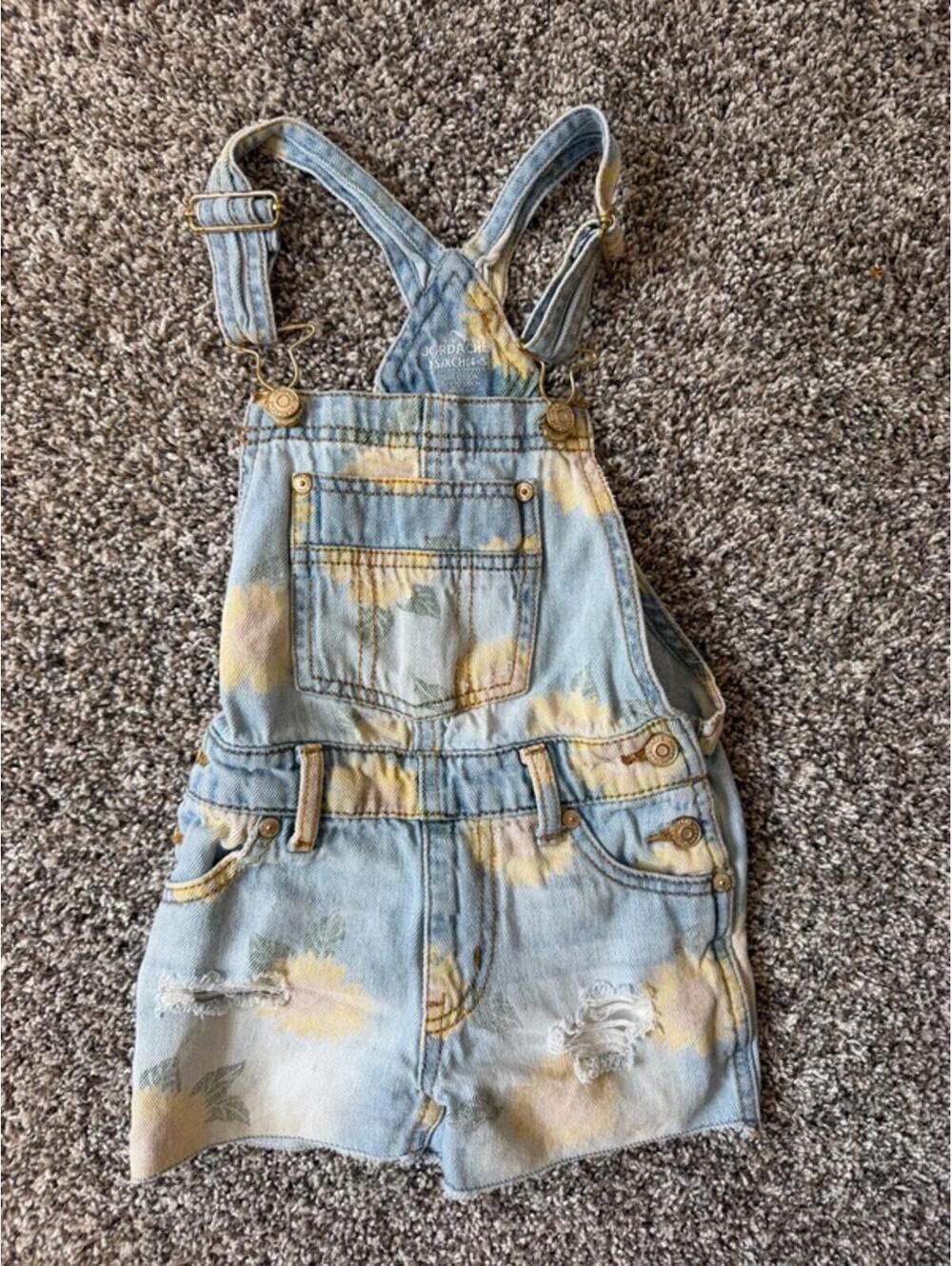 Jordache Light Denim with Yellow Flowers Distressed Overalls